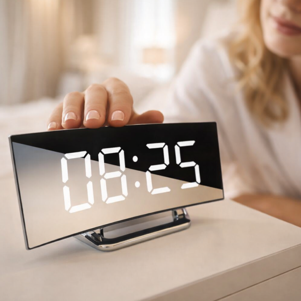 Sleek Curved LED Digital Alarm Clock with Adjustable Dimming Feature