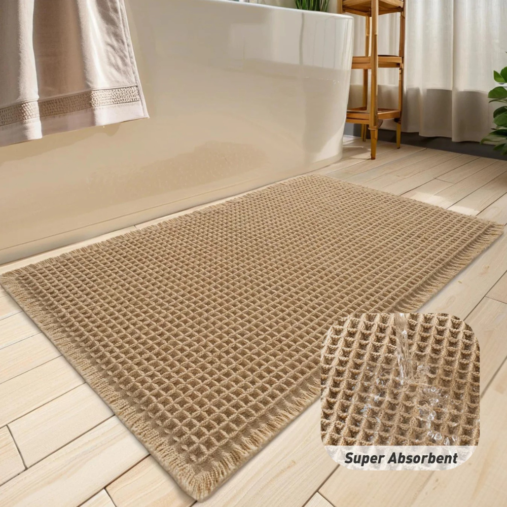 Waffle Super Absorbent Bath Mat | Non-Slip Microfiber Bathroom Rug with Tassels