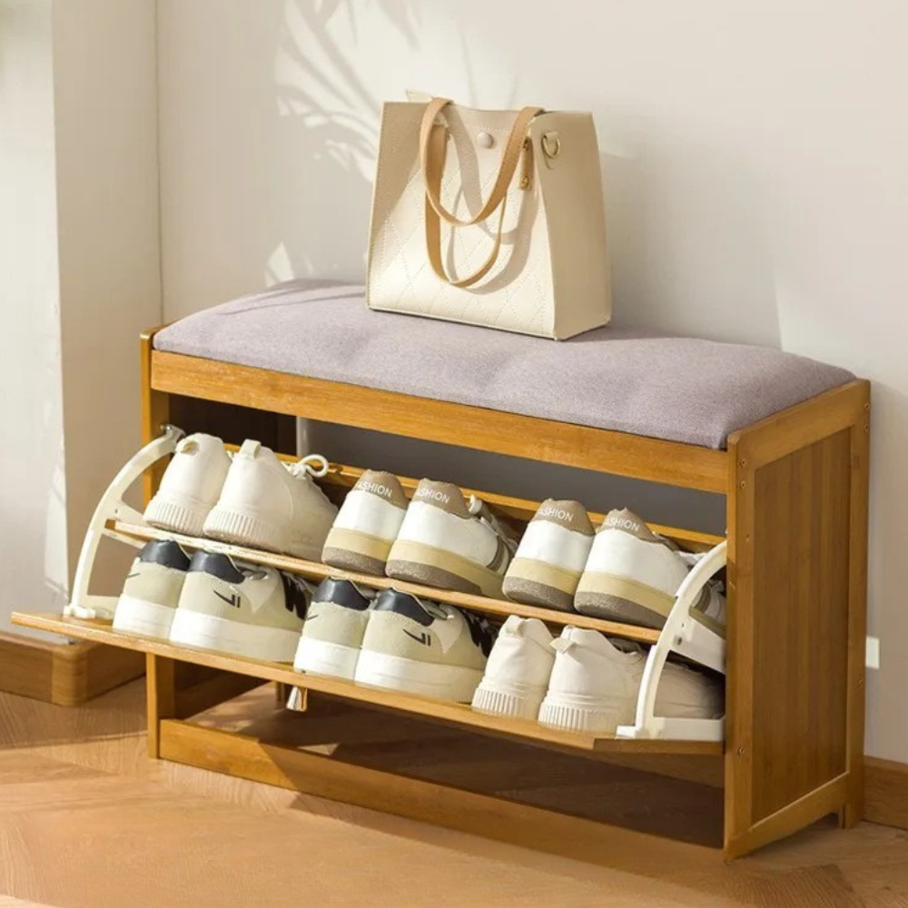 Stylish Bamboo Shoe Storage Bench with Cushioned Seating for Entryway