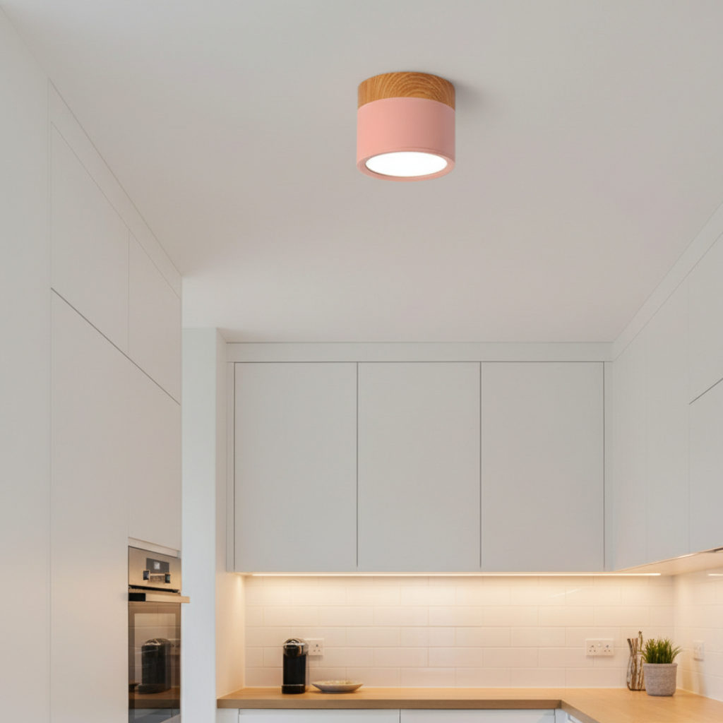 Button Wood Flush Mount Ceiling Light - Minimalist Aluminum Fixture with Wood Accent