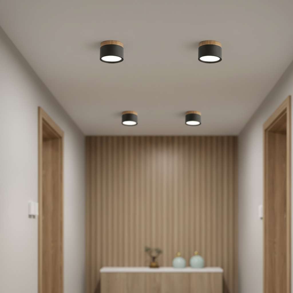 Button Wood Flush Mount Ceiling Light - Minimalist Aluminum Fixture with Wood Accent
