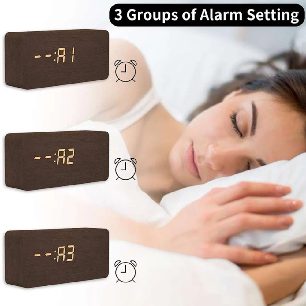 Natural Wood LED Digital Alarm Clock with Triple Alarm & Brightness Control