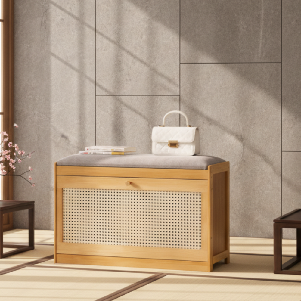 Traditional Bamboo Rattan Shoe Storage Bench with Cushion for Entryway