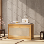 Traditional Bamboo Rattan Shoe Storage Bench with Cushion for Entryway