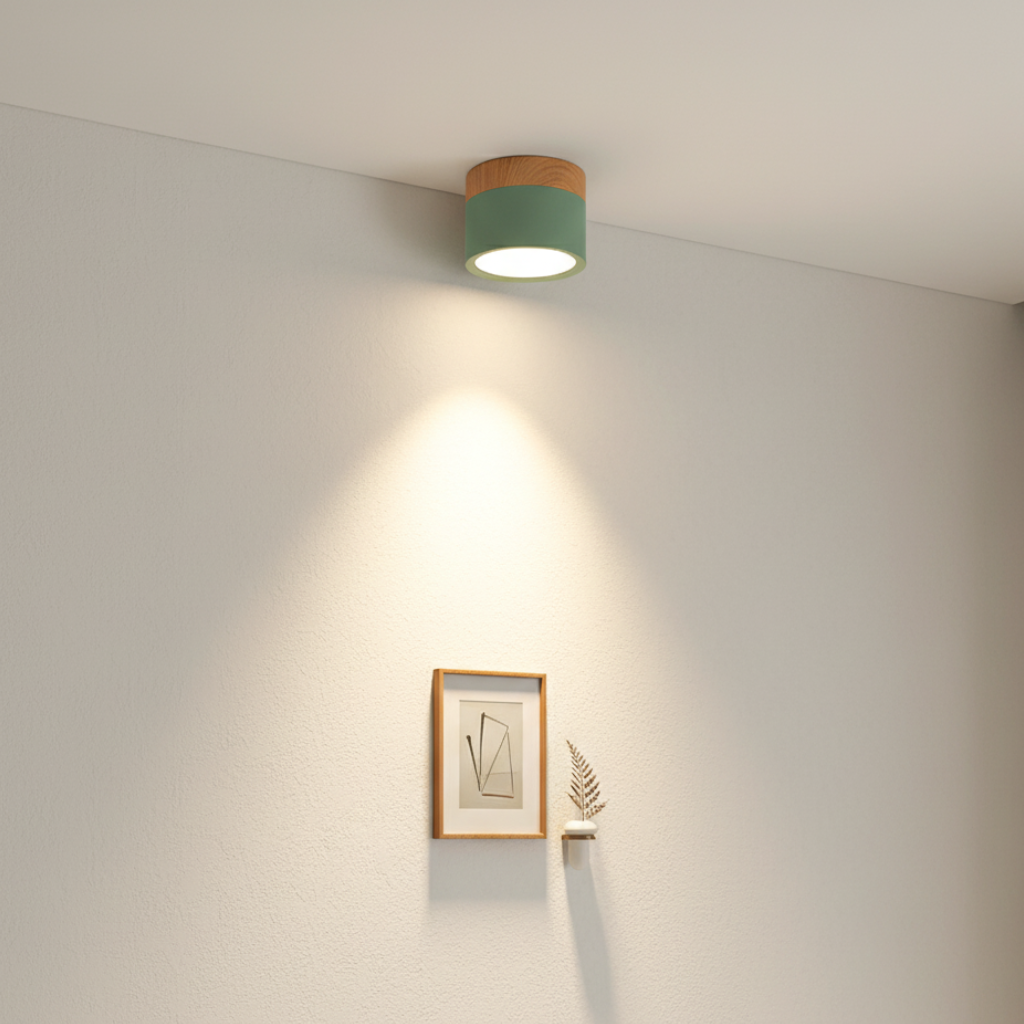 Button Wood Flush Mount Ceiling Light - Minimalist Aluminum Fixture with Wood Accent