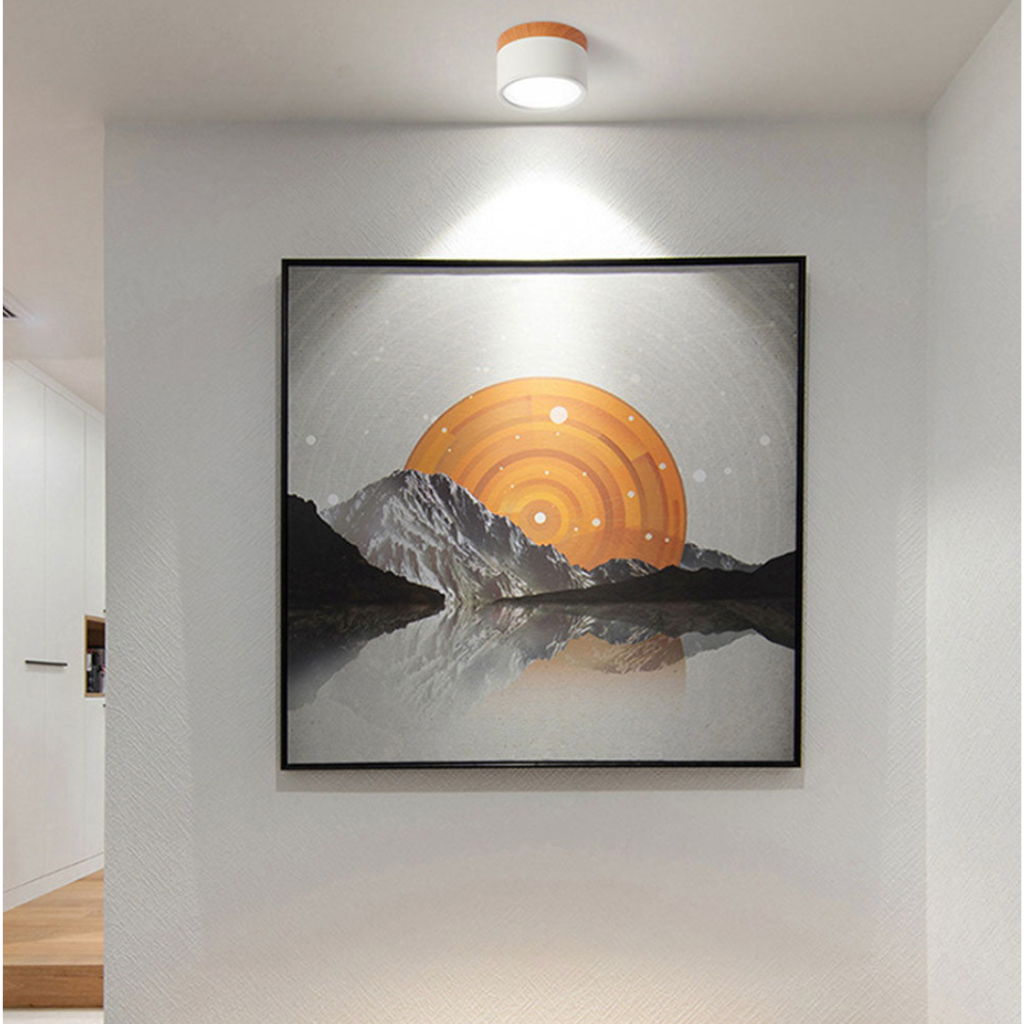 Button Wood Flush Mount Ceiling Light - Minimalist Aluminum Fixture with Wood Accent