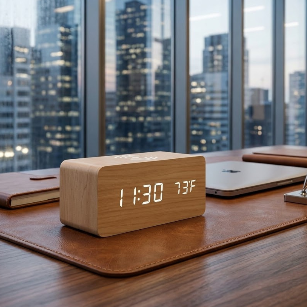 Stylish Wooden Digital Alarm Clock with Wireless Charging & Voice Activation