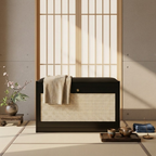 Traditional Bamboo Rattan Shoe Storage Bench with Cushion for Entryway