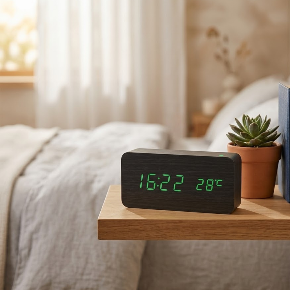 Natural Wood LED Digital Alarm Clock with Triple Alarm & Brightness Control