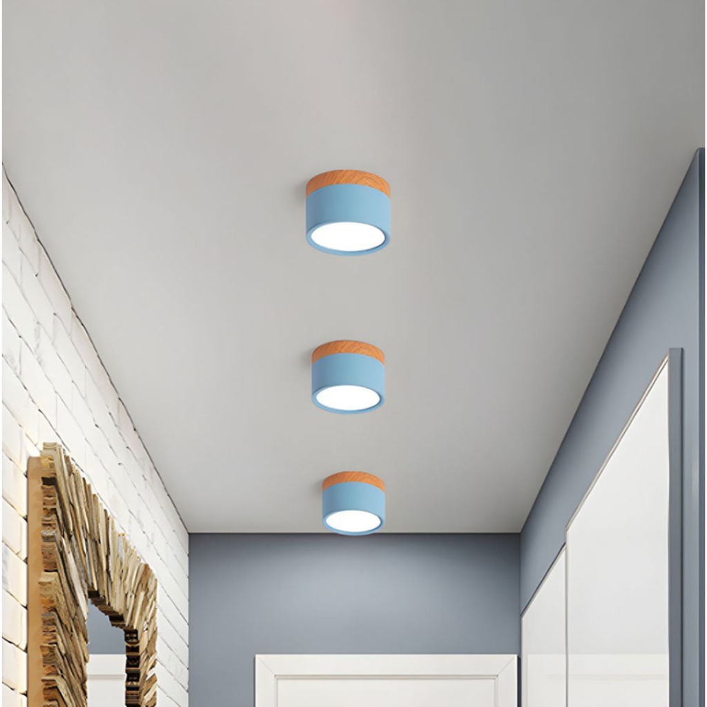Button Wood Flush Mount Ceiling Light - Minimalist Aluminum Fixture with Wood Accent