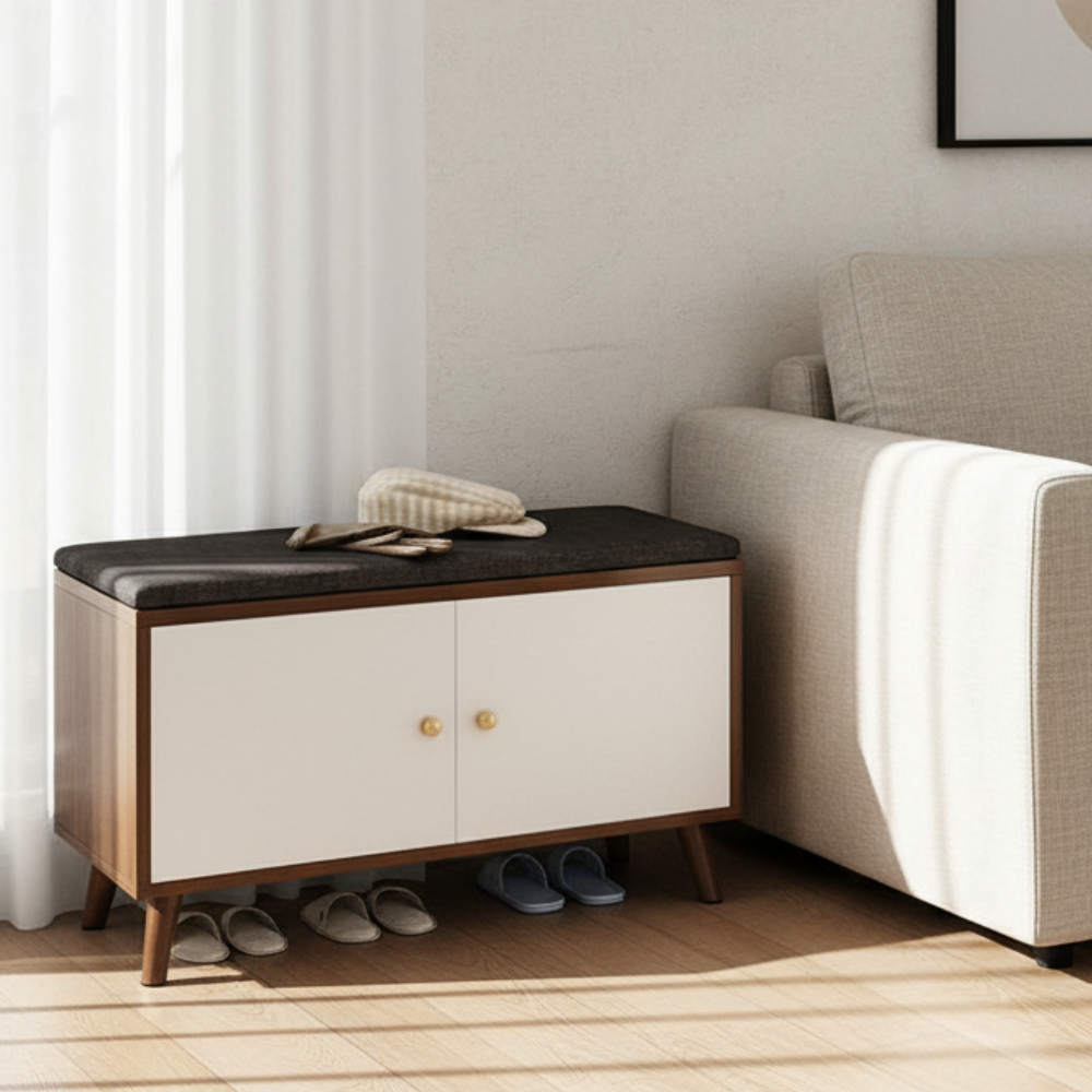 Scandinavian Solid Wood Shoe Storage Cabinet - 2-Tier Organizer