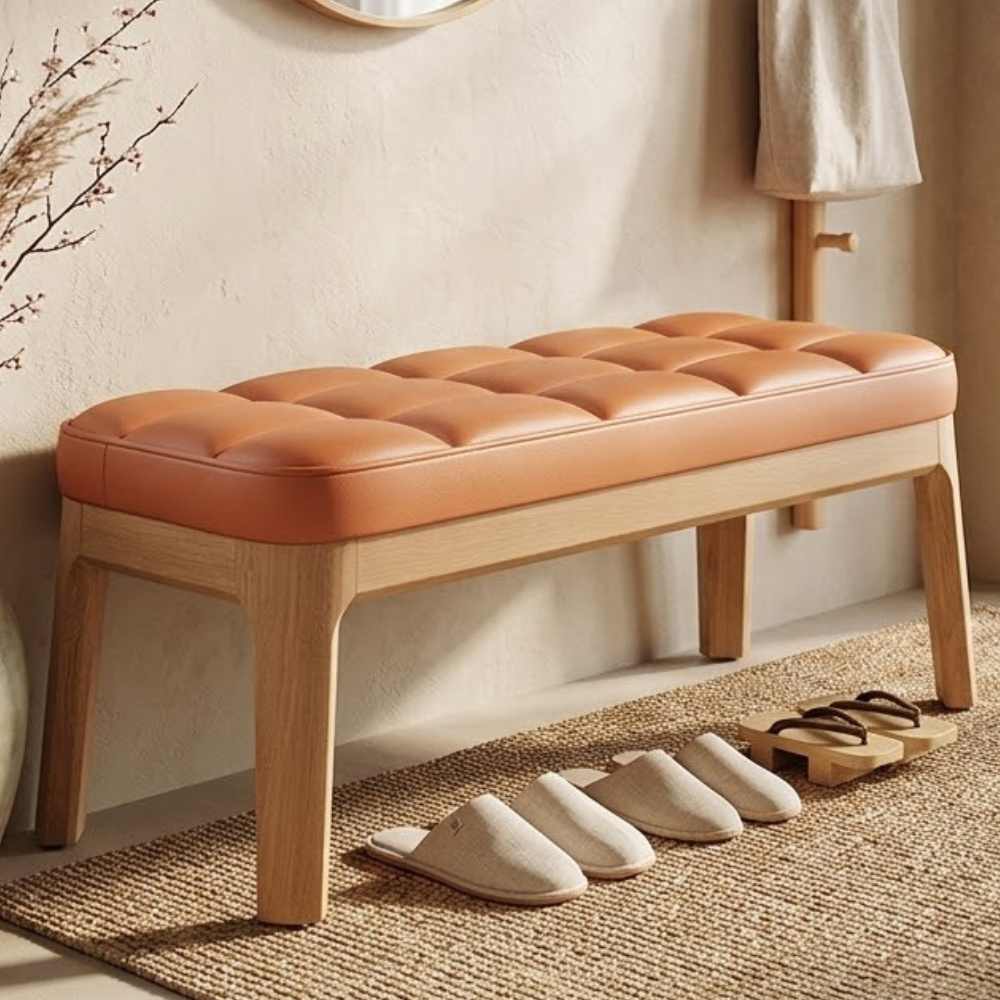 Scandinavian Shoe Storage Bench with Solid Wood Frame & PU Leather Seat