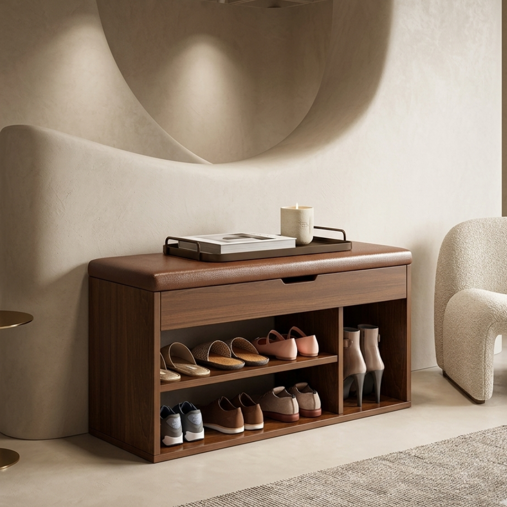 Modern Minimalist 3-Tier Shoe Storage Cabinet - PU Leather & Wood Organizer