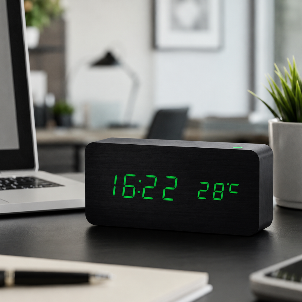 Natural Wood LED Digital Alarm Clock with Triple Alarm & Brightness Control