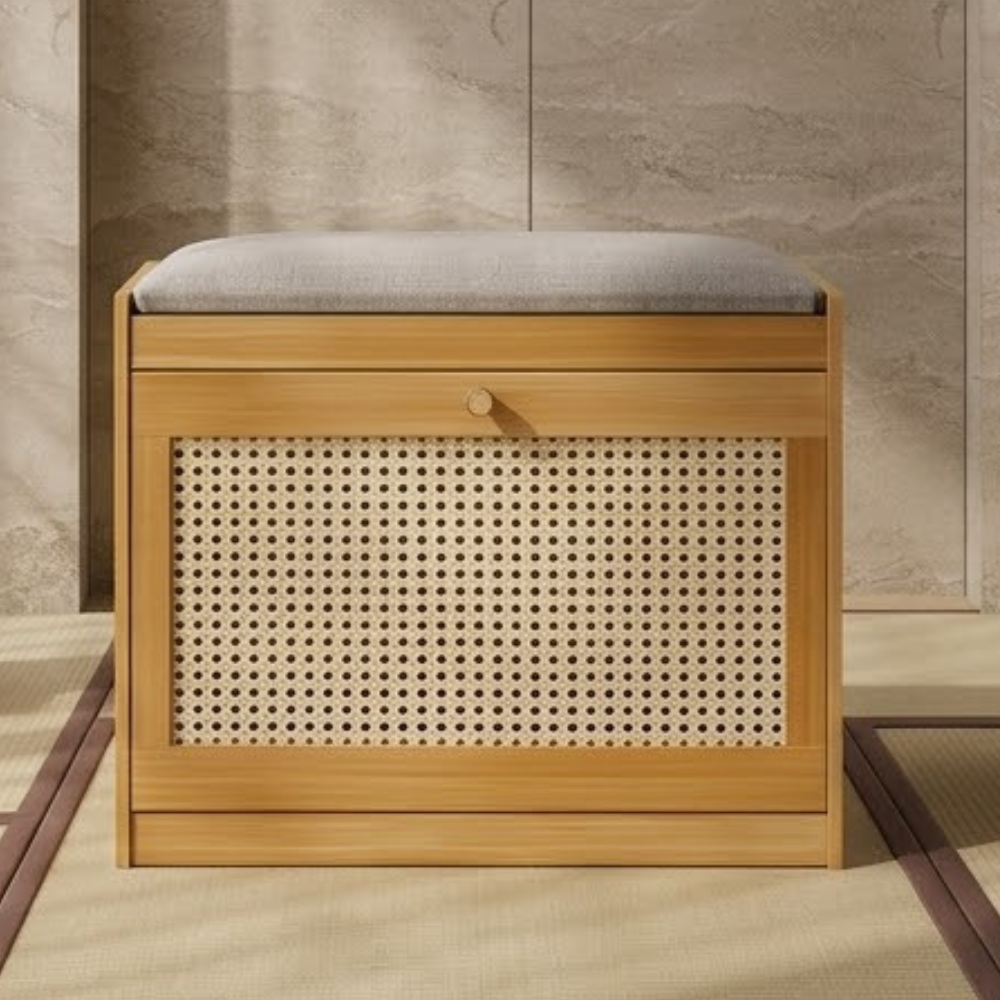 Traditional Bamboo Rattan Shoe Storage Bench with Cushion for Entryway