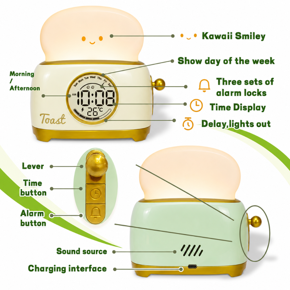 Toastie Digital Alarm Clock with Night Light & Temperature Display for Kids