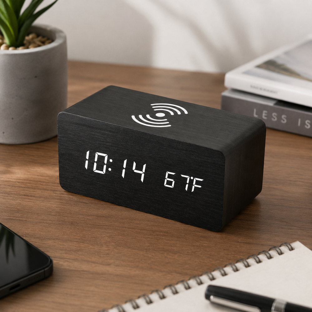 Stylish Wooden Digital Alarm Clock with Wireless Charging & Voice Activation