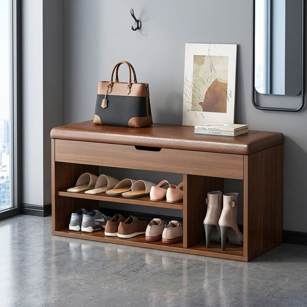 Modern Minimalist 3-Tier Shoe Storage Cabinet - PU Leather & Wood Organizer
