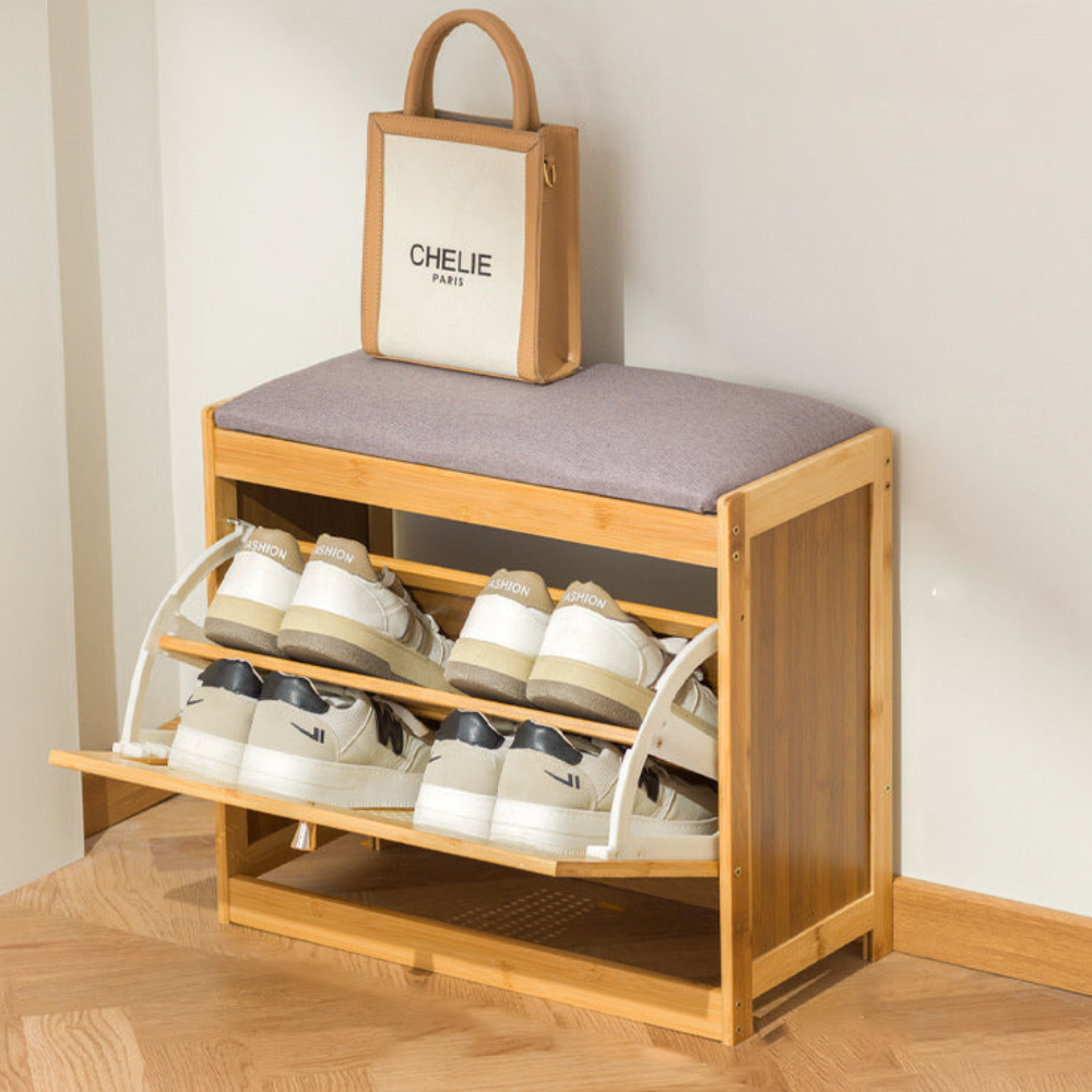 Traditional Bamboo Rattan Shoe Storage Bench with Cushion for Entryway
