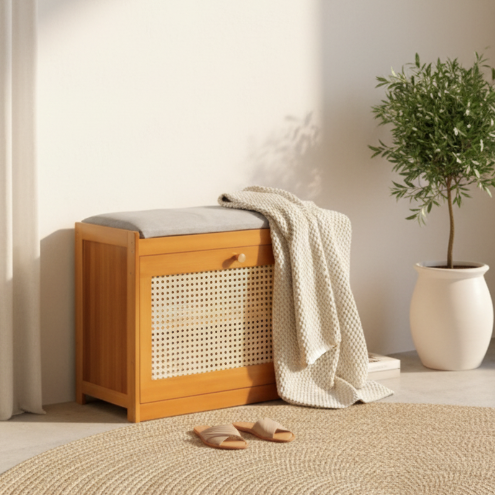 Stylish Bamboo Shoe Storage Bench with Cushioned Seating for Entryway
