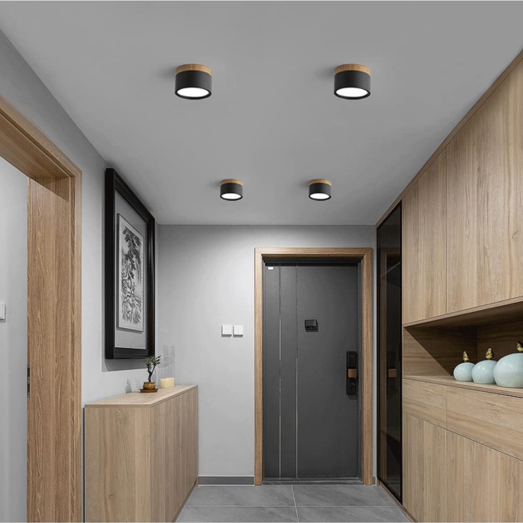 Button Wood Flush Mount Ceiling Light - Minimalist Aluminum Fixture with Wood Accent