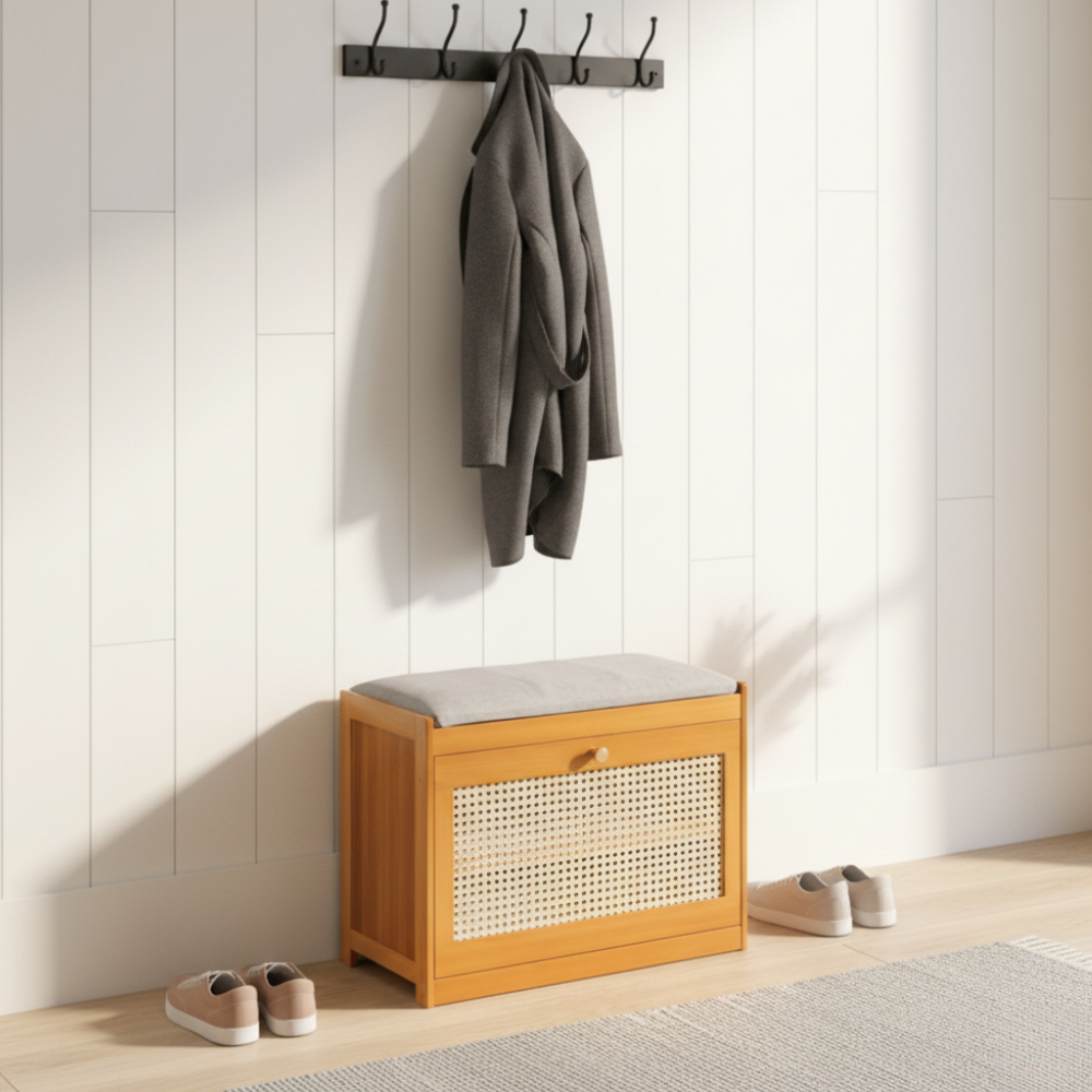 Stylish Bamboo Shoe Storage Bench with Cushioned Seating for Entryway