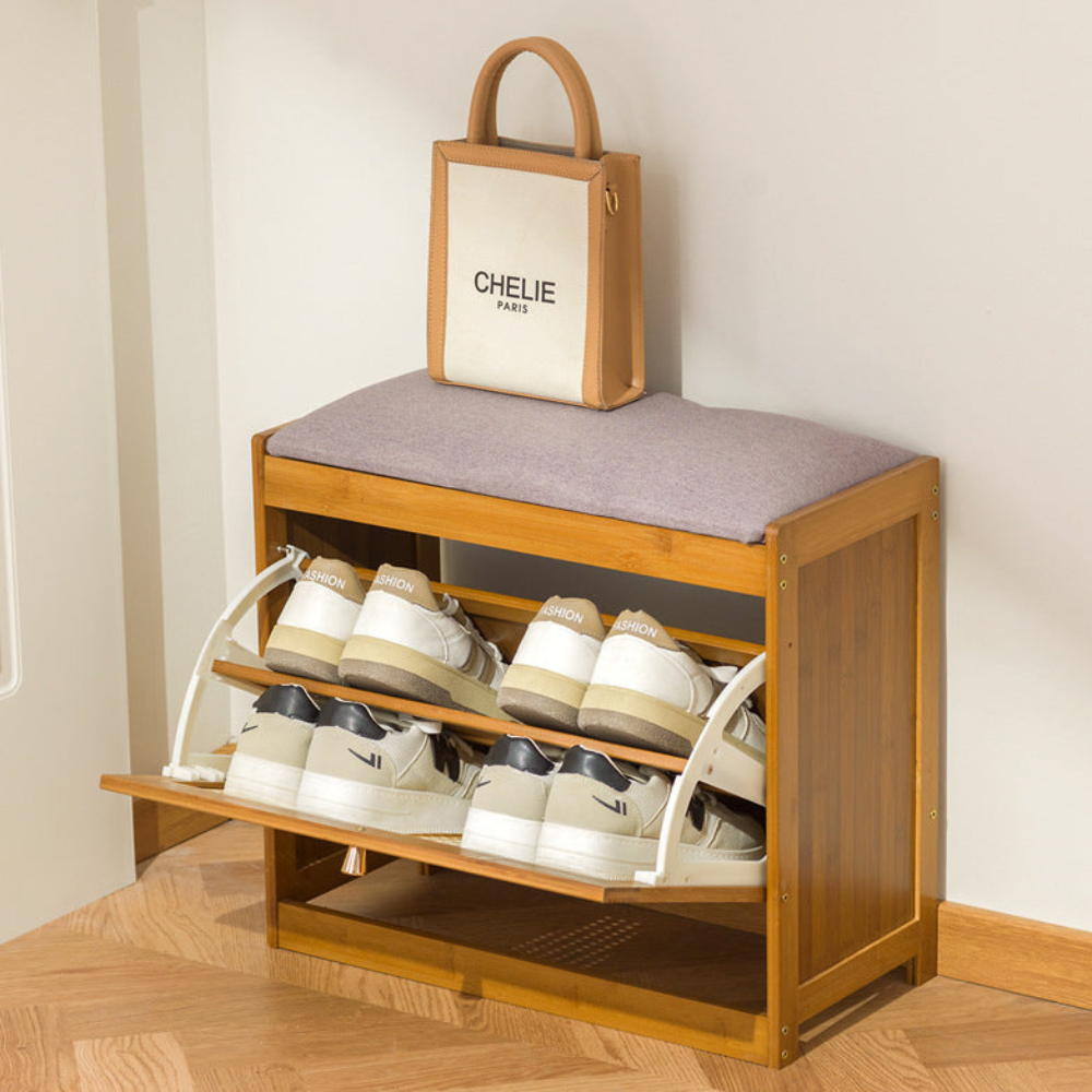Traditional Bamboo Rattan Shoe Storage Bench with Cushion for Entryway