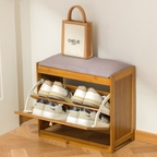 Traditional Bamboo Rattan Shoe Storage Bench with Cushion for Entryway