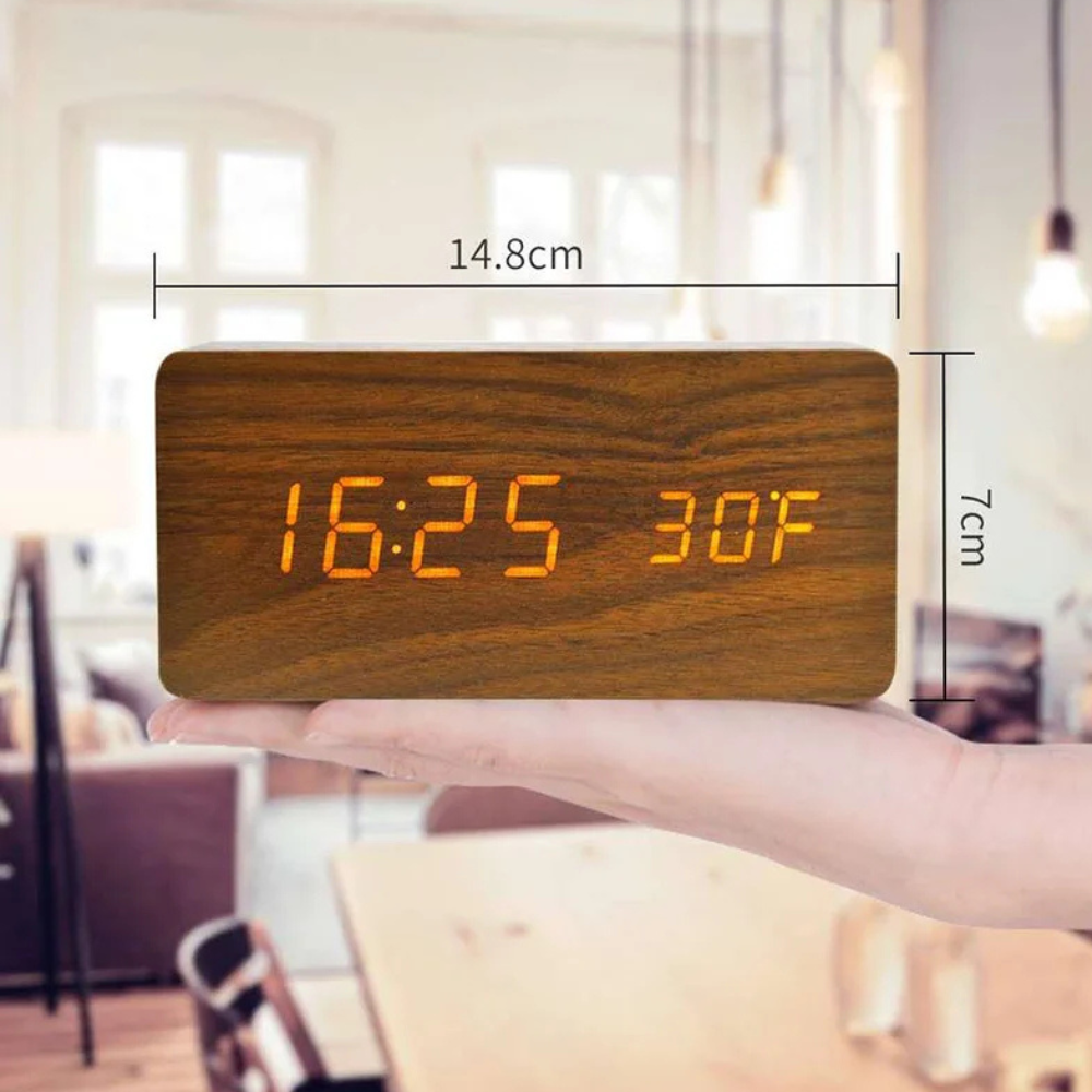Natural Wood LED Digital Alarm Clock with Triple Alarm & Brightness Control