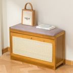 Traditional Bamboo Rattan Shoe Storage Bench with Cushion for Entryway