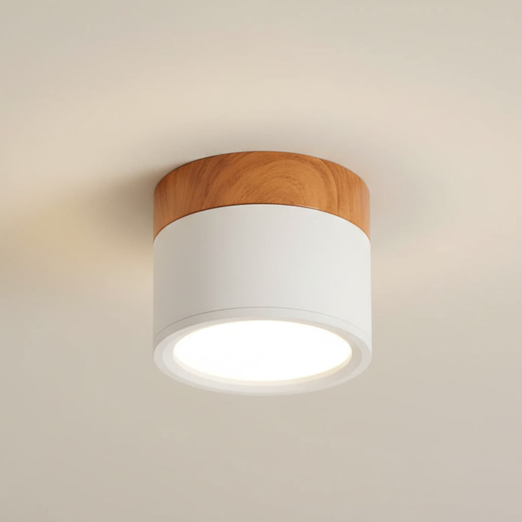 Button Wood Flush Mount Ceiling Light - Minimalist Aluminum Fixture with Wood Accent