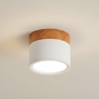 Button Wood Flush Mount Ceiling Light - Minimalist Aluminum Fixture with Wood Accent
