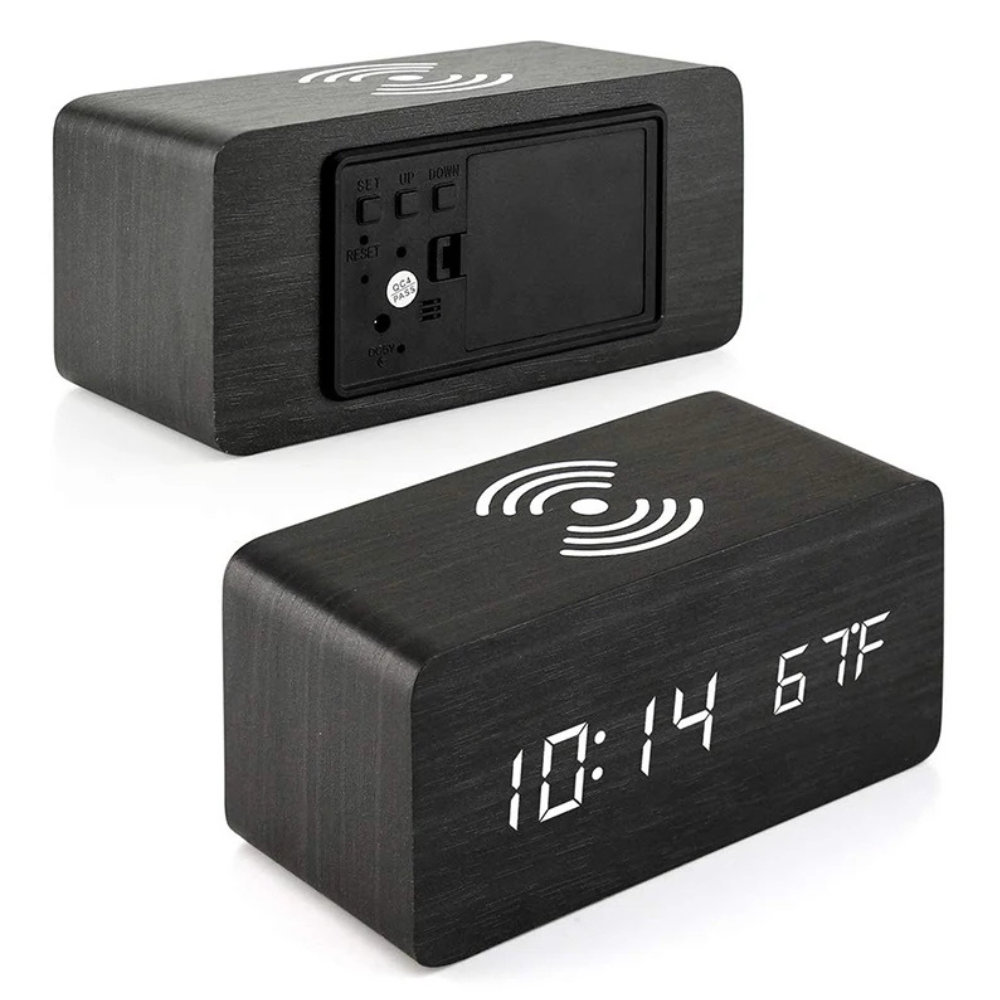 Stylish Wooden Digital Alarm Clock with Wireless Charging & Voice Activation