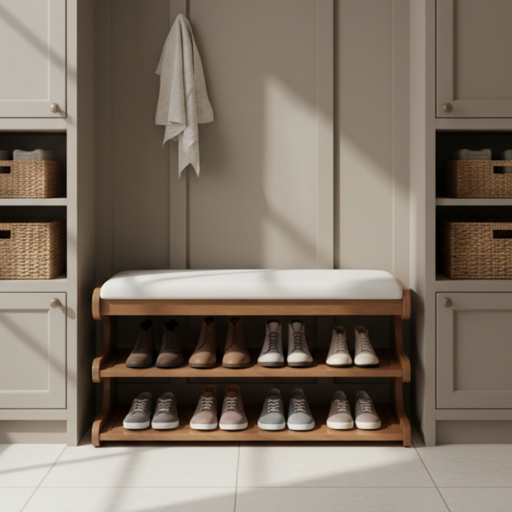 Elegant Bamboo Entryway Bench With Shoe Storage & PU Leather Seat