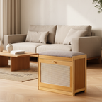 Traditional Bamboo Rattan Shoe Storage Bench with Cushion for Entryway