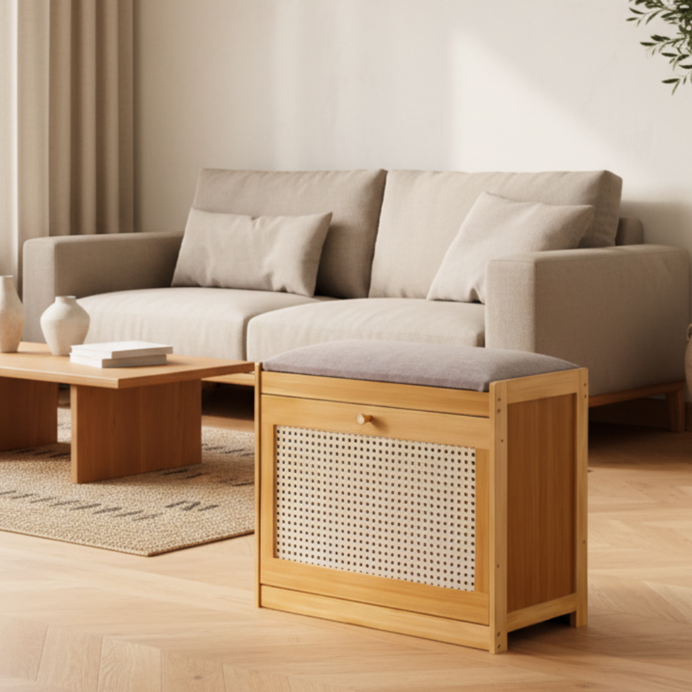 Traditional Bamboo Rattan Shoe Storage Bench with Cushion for Entryway