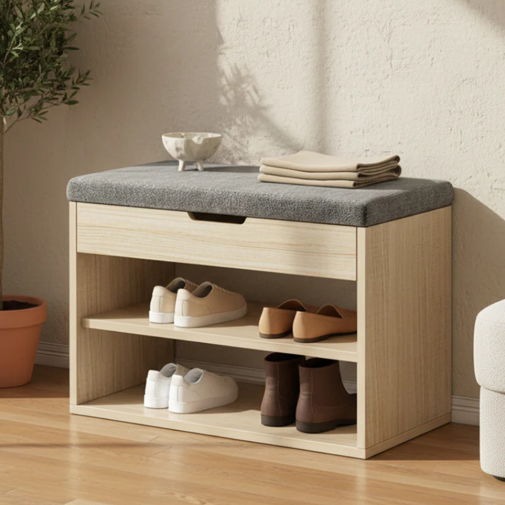 Modern Minimalist 3-Tier Shoe Storage Cabinet - PU Leather & Wood Organizer