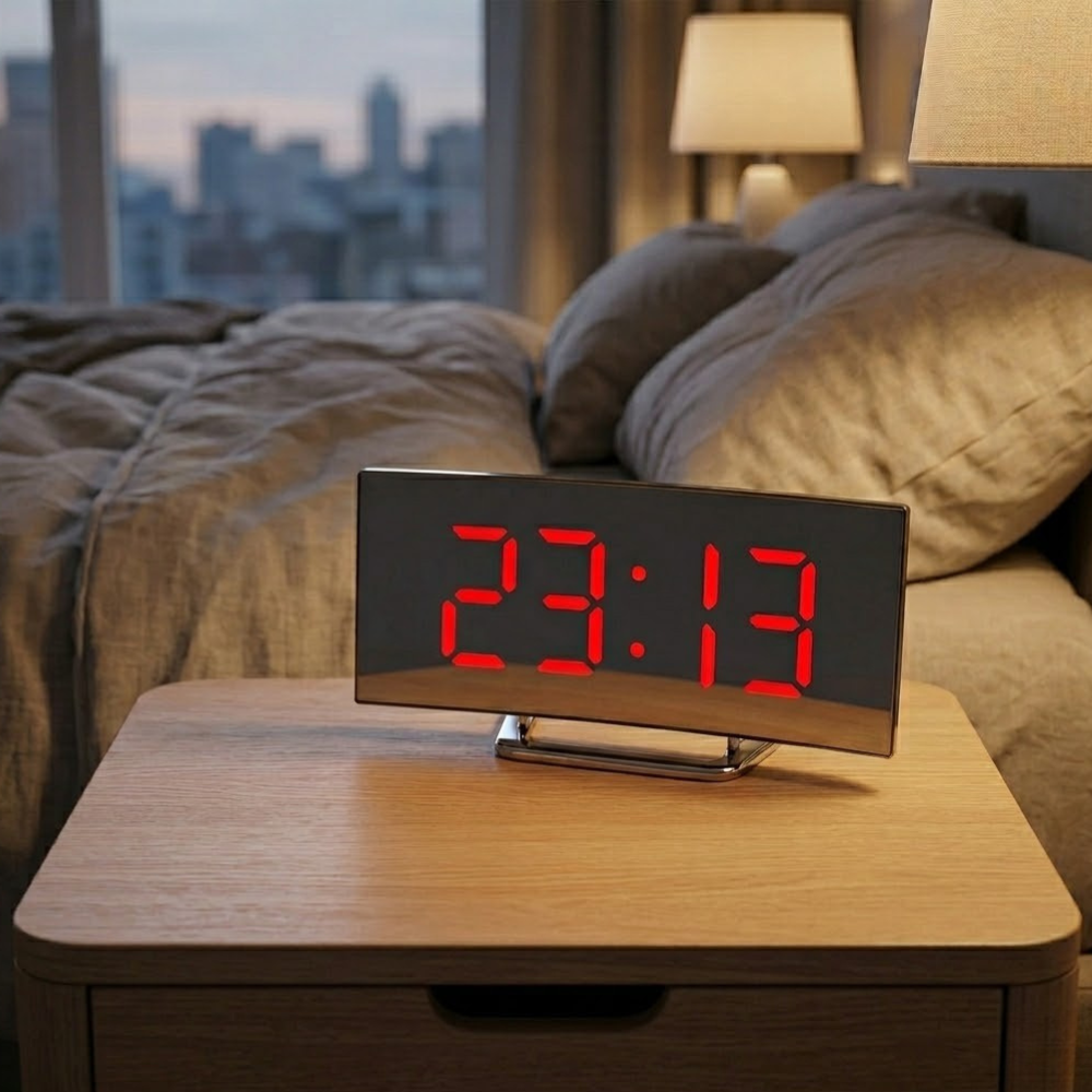 Sleek Curved LED Digital Alarm Clock with Adjustable Dimming Feature