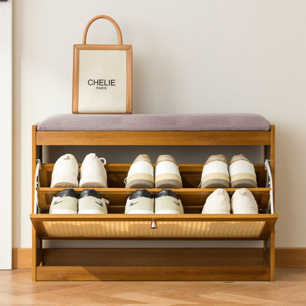 Traditional Bamboo Rattan Shoe Storage Bench with Cushion for Entryway