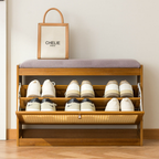 Traditional Bamboo Rattan Shoe Storage Bench with Cushion for Entryway