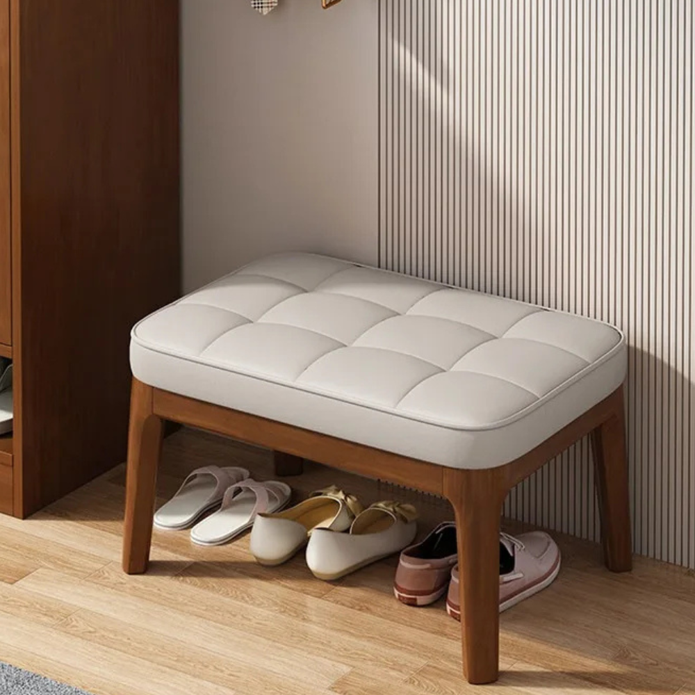 Scandinavian Shoe Storage Bench with Solid Wood Frame & PU Leather Seat