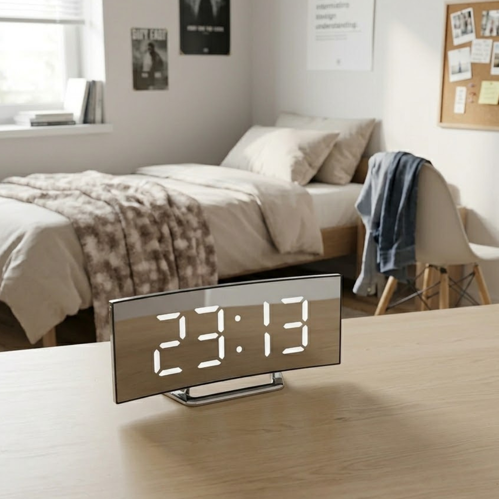 Sleek Curved LED Digital Alarm Clock with Adjustable Dimming Feature