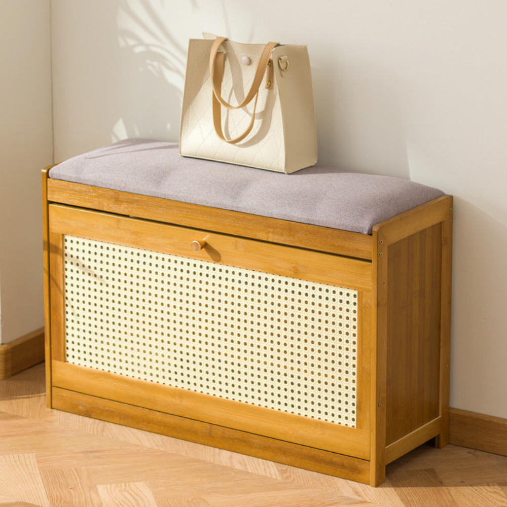 Traditional Bamboo Rattan Shoe Storage Bench with Cushion for Entryway