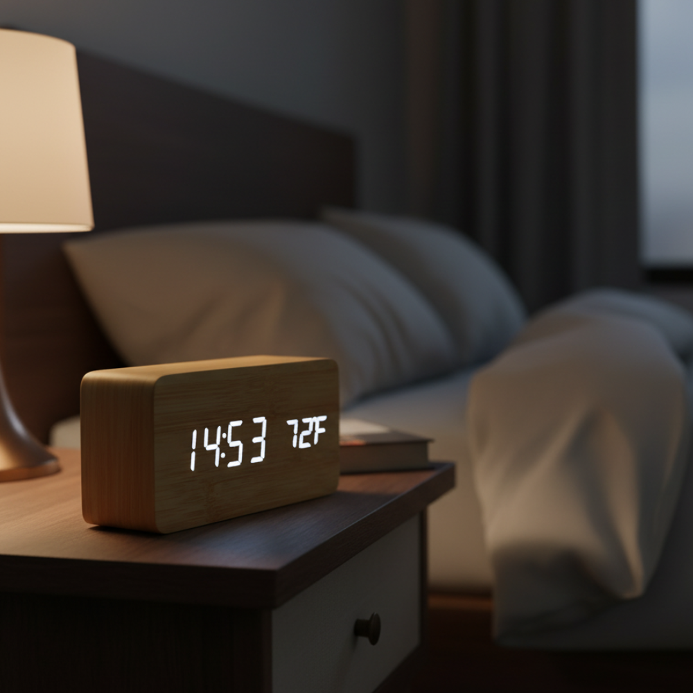 Natural Wood LED Digital Alarm Clock with Triple Alarm & Brightness Control