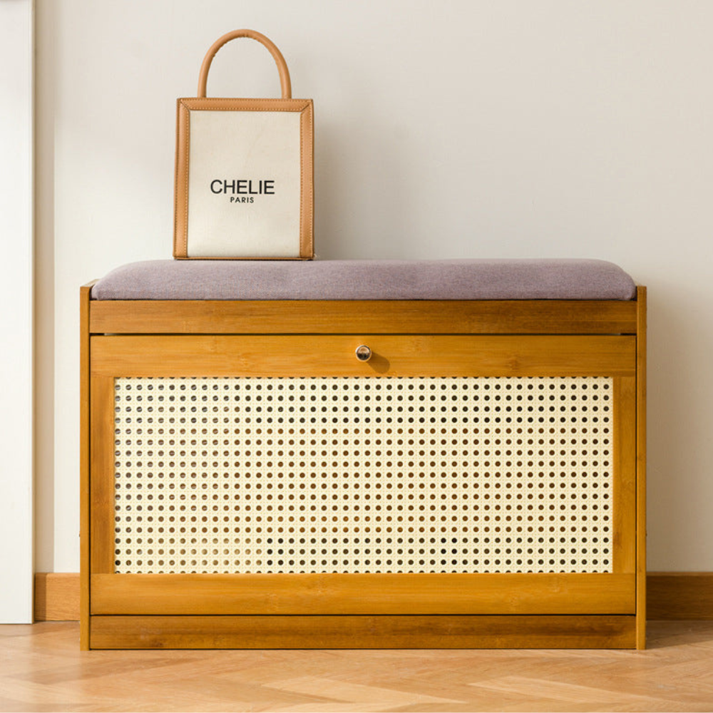 Traditional Bamboo Rattan Shoe Storage Bench with Cushion for Entryway