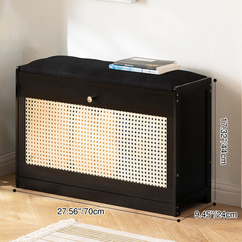Traditional Bamboo Rattan Shoe Storage Bench with Cushion for Entryway