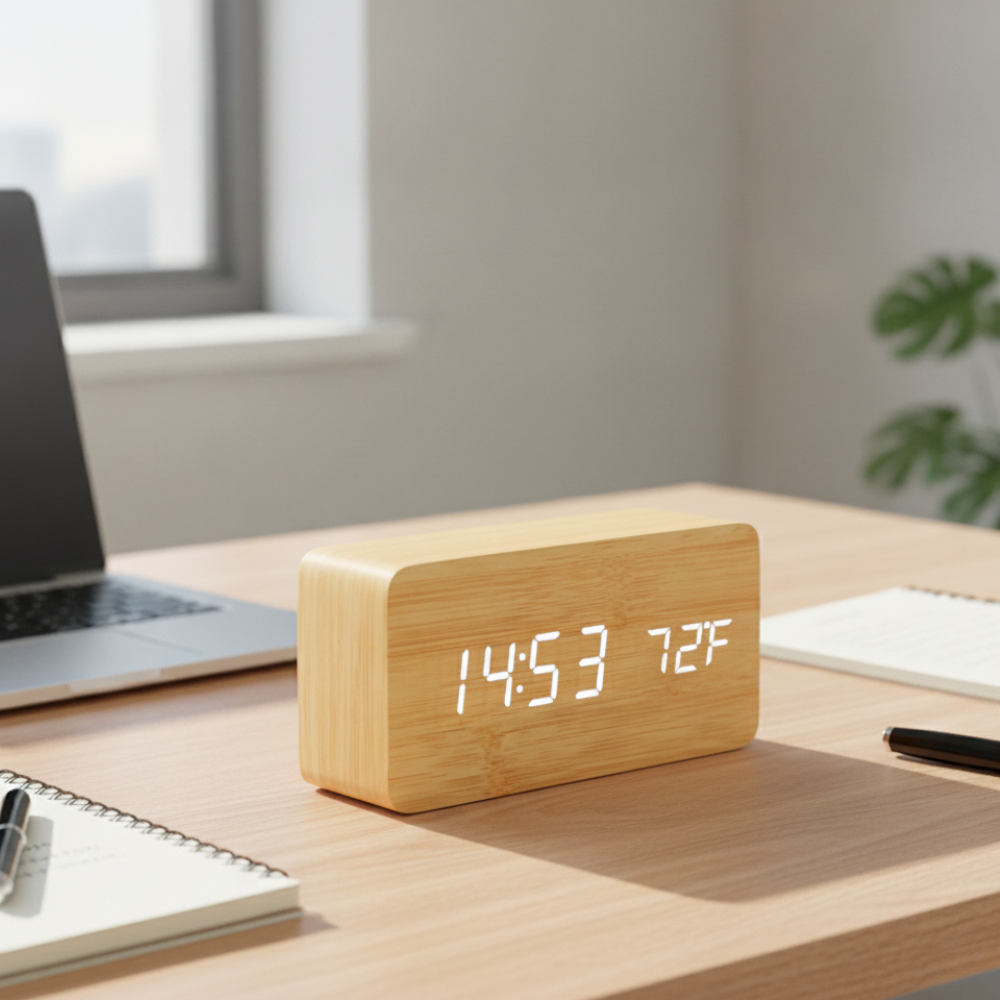 Natural Wood LED Digital Alarm Clock with Triple Alarm & Brightness Control