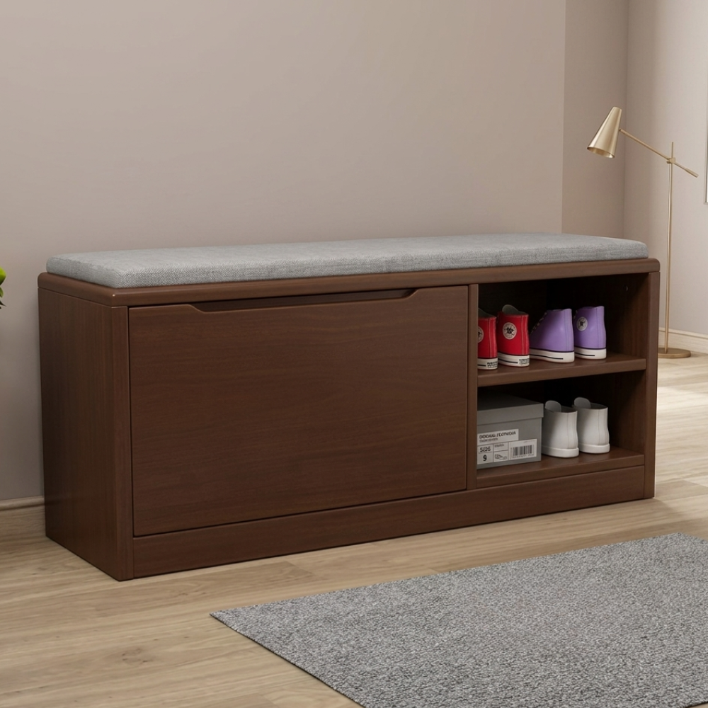 Scandinavian Solid Wood 2-Tier Shoe Storage Cabinet with Cushioned Seat for Entryway