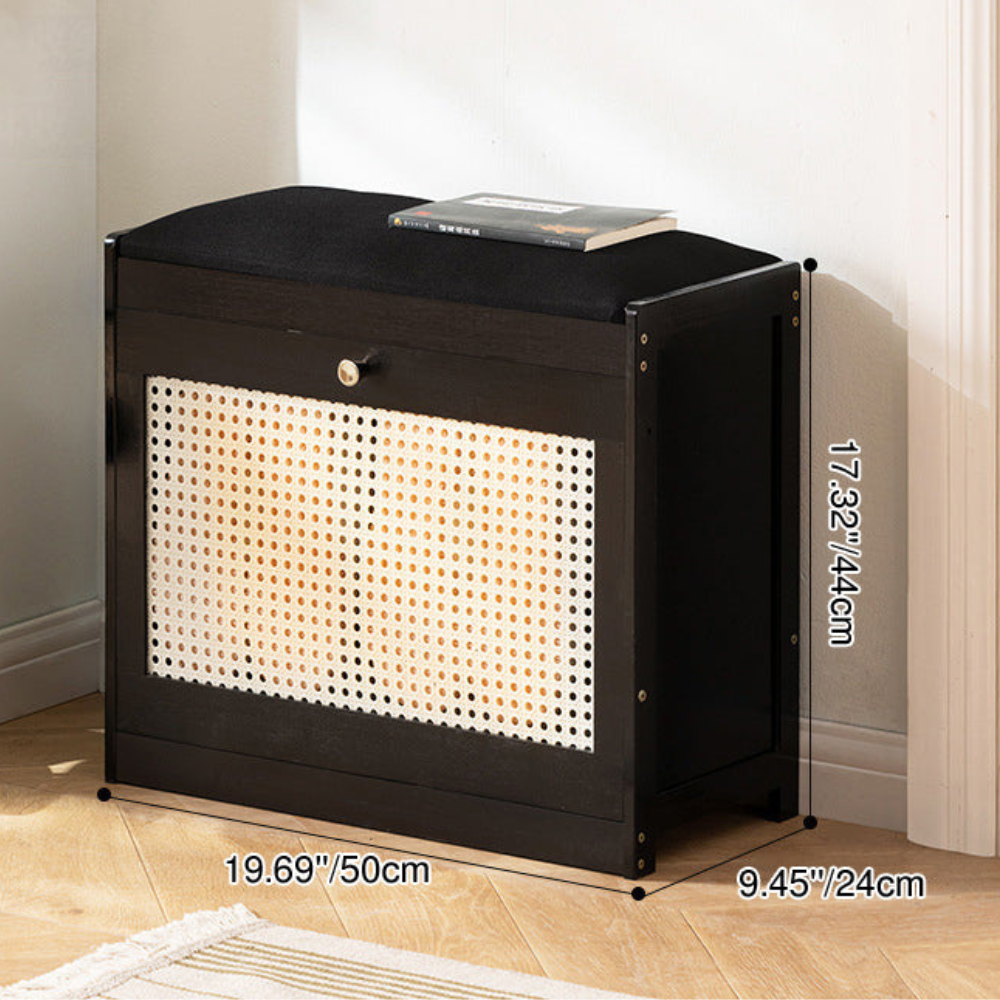 Traditional Bamboo Rattan Shoe Storage Bench with Cushion for Entryway