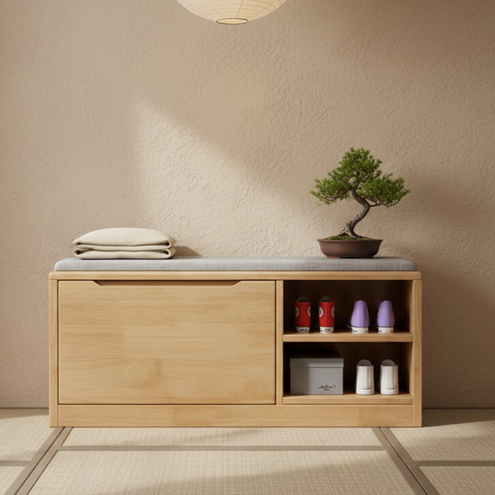 Scandinavian Solid Wood 2-Tier Shoe Storage Cabinet with Cushioned Seat for Entryway